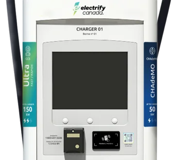 Electrify Canada charging display portraying the teal ultra-fast and blue CHAdeMO charging labels. The Charger Number is at the top of the charger, the connector type is on the top of the label, the max charging speed is on the bottom of the label, customer support information is below the charger display, and membership payment is below the charger display