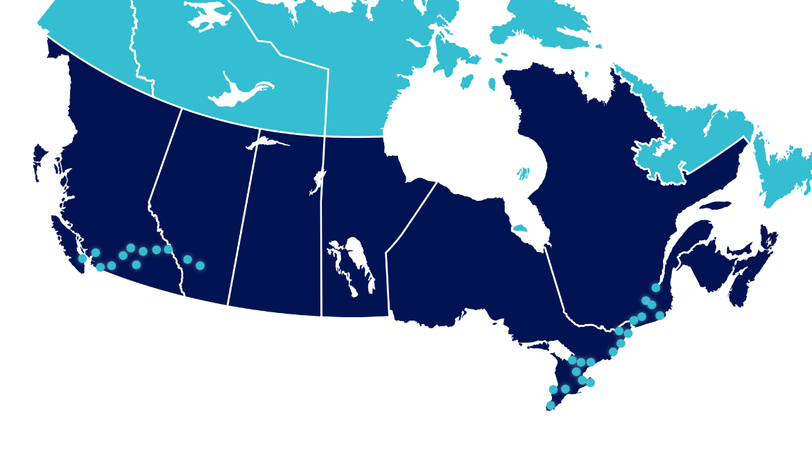 Map displaying charger locations around Canada, most locations are along the southwest and southeastern corners of Canada.