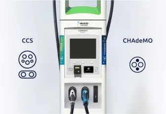 Charging station portrayed with charger types CCS and Ultra-fast teal label on left side and CHAdeMO with blue CHAdeMO label on right.
