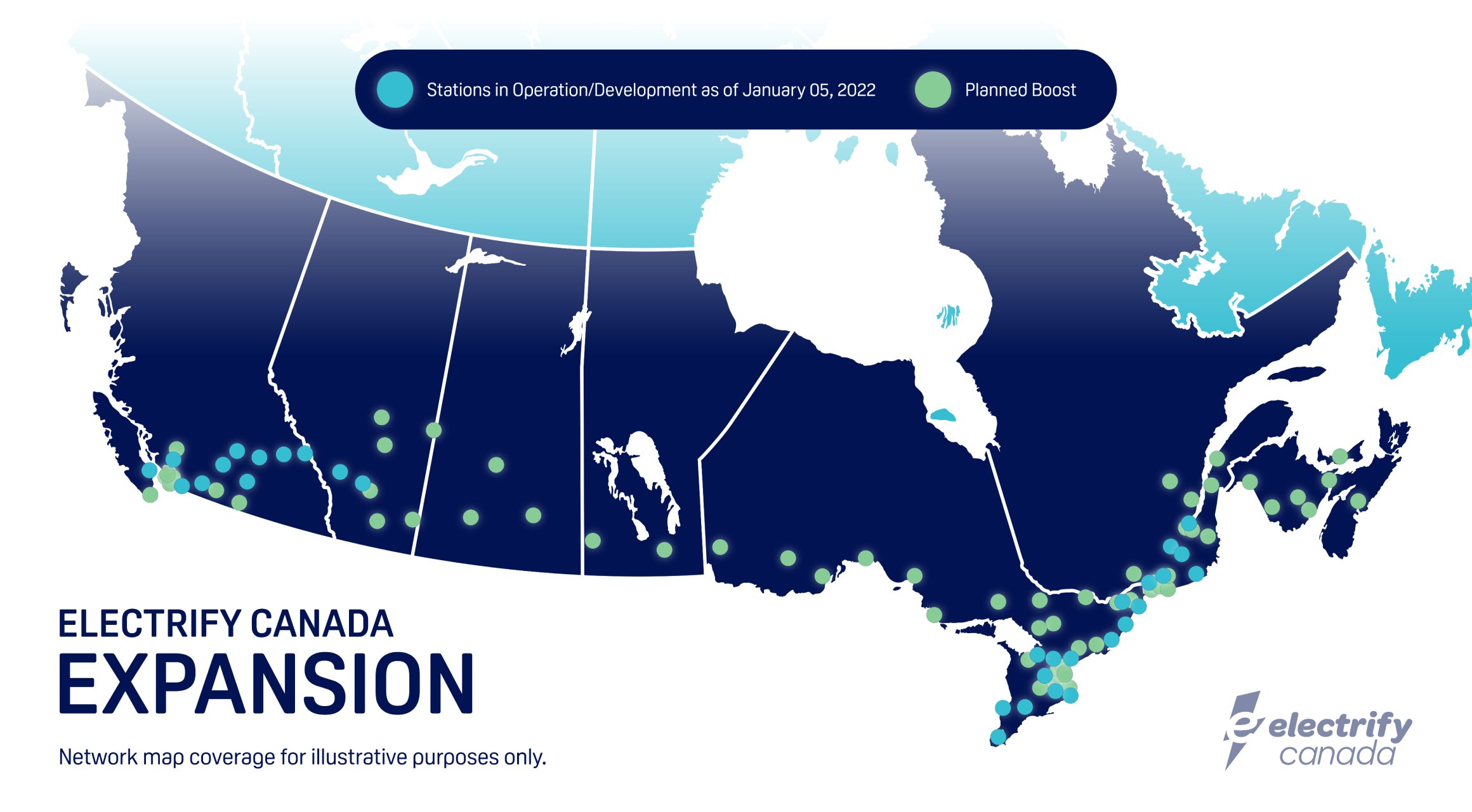 Electrify Canada Expansion network map coverage for illustrative purposes only.