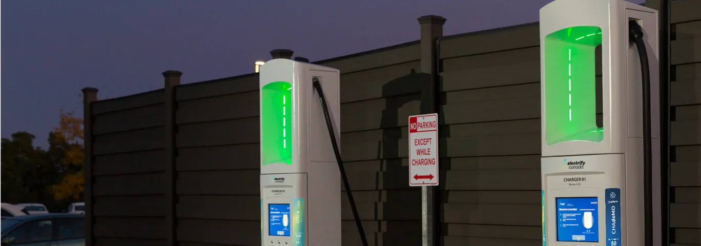 Electrify Canada 2 charging stations at dusk