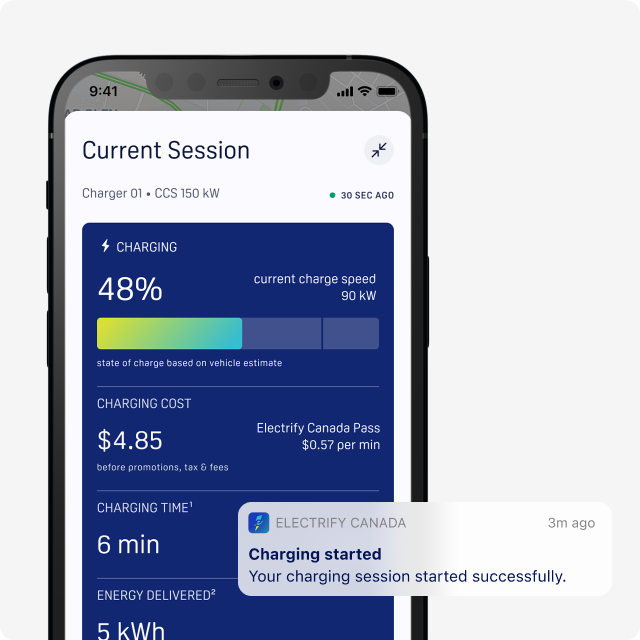 The current session on the mobile app displays percentage charged, charging cost, charging time, and energy delivered