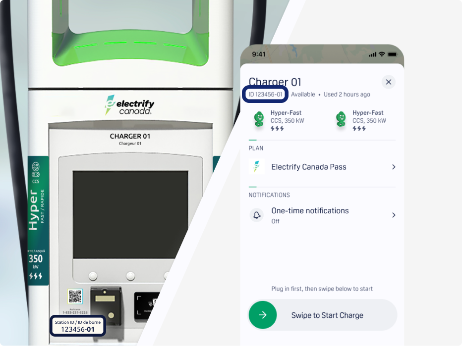 station ID is shown below and to the left of the hmi screen and in the app on the left side of the charger details under the charger ID